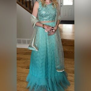 Elegant Blue and Green Embellished Lehenga Set